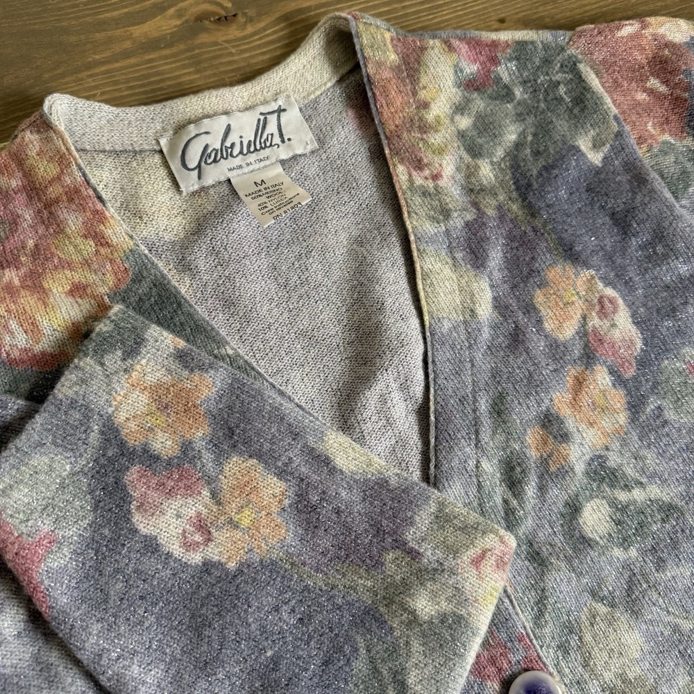 Gabriella T Womens‎ Medium Floral Watercolor Merino Wool Long Sleeve Cardigan